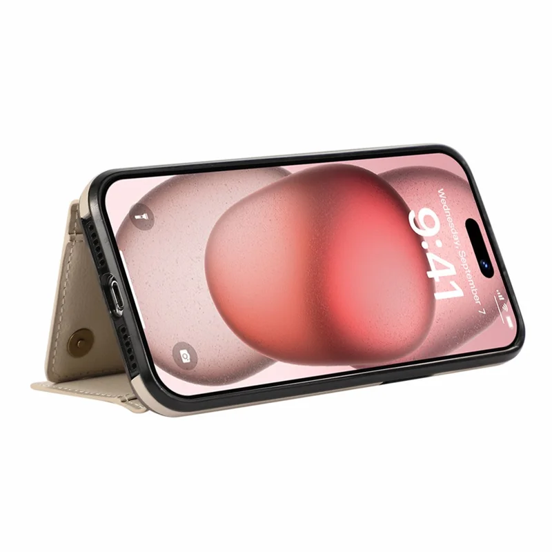 For iPhone 16 Pro Max Leather Back Cover Zipper Wallet Kickstand Phone Case with Shoulder Strap - Beige