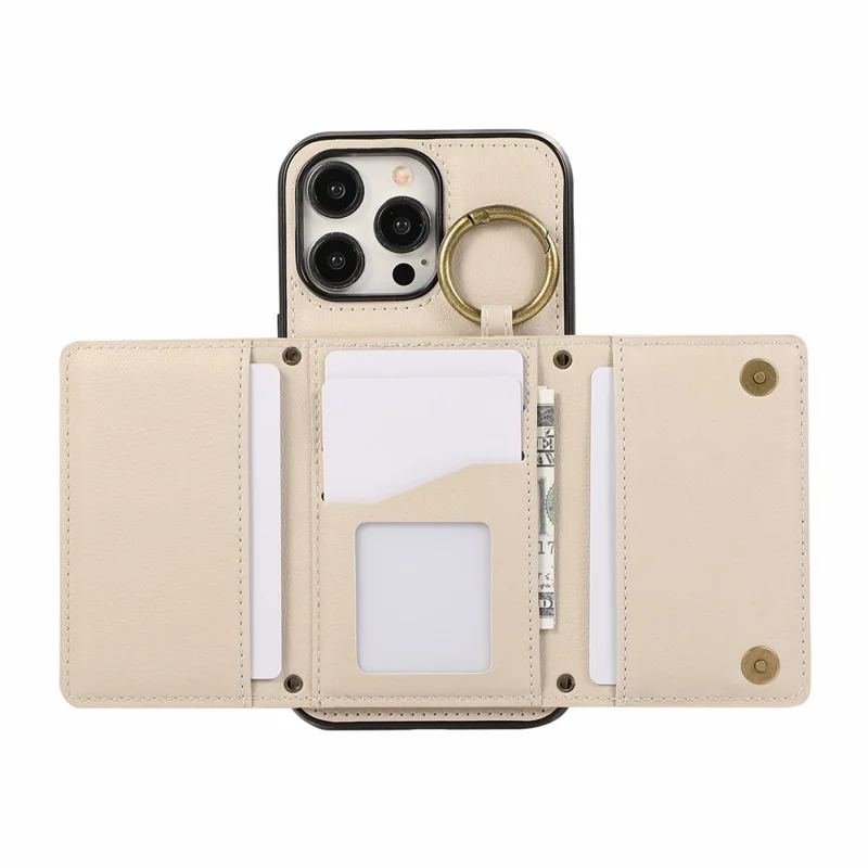 For iPhone 16 Pro Max Leather Back Cover Zipper Wallet Kickstand Phone Case with Shoulder Strap - Beige