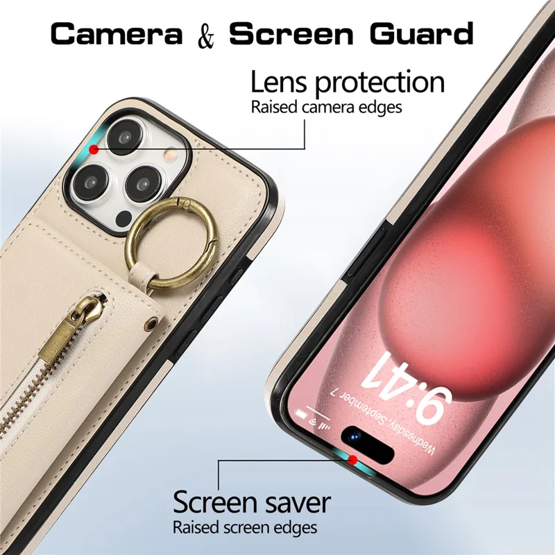 For iPhone 16 Pro Max Leather Back Cover Zipper Wallet Kickstand Phone Case with Shoulder Strap - Beige