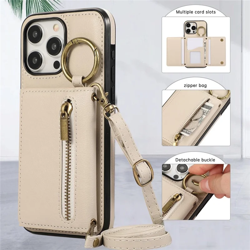 For iPhone 16 Pro Max Leather Back Cover Zipper Wallet Kickstand Phone Case with Shoulder Strap - Beige