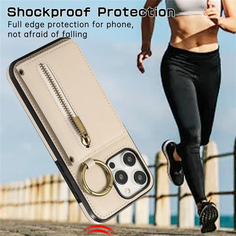 For iPhone 16 Pro Max Leather Back Cover Zipper Wallet Kickstand Phone Case with Shoulder Strap - Beige