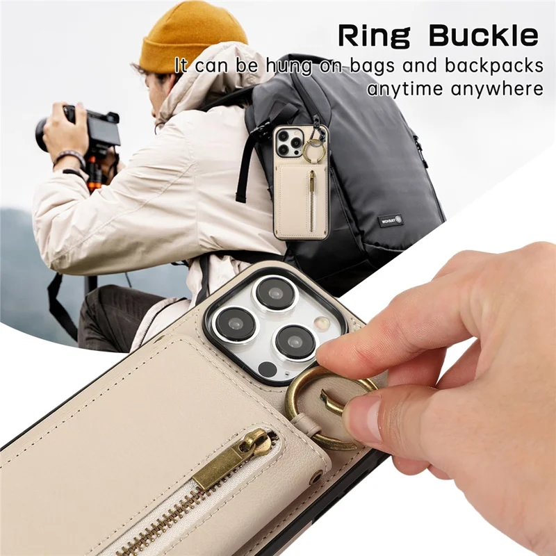 For iPhone 16 Pro Max Leather Back Cover Zipper Wallet Kickstand Phone Case with Shoulder Strap - Beige