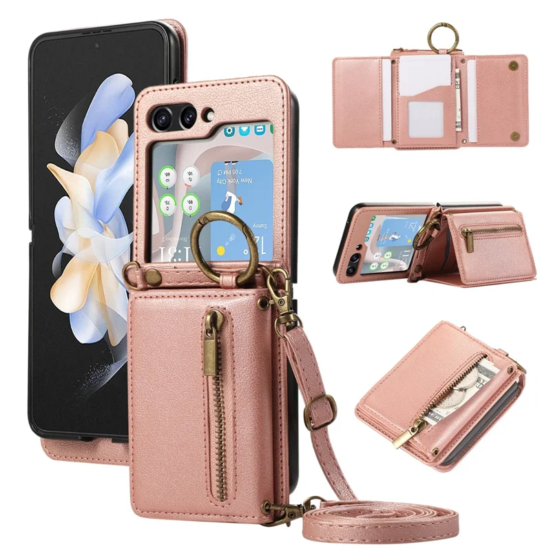 Capa de Couro para Samsung Galaxy Z Flip5 5G com Carteira de Zíper, Suporte de Mesa e Alça de Ombro - Rosa