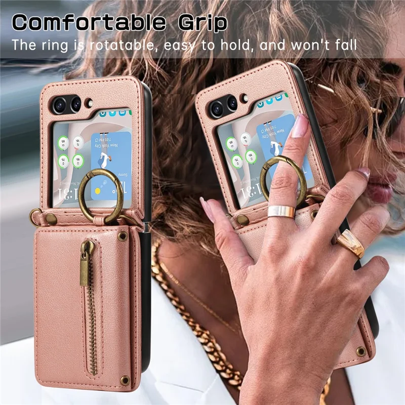 Capa de Couro para Samsung Galaxy Z Flip5 5G com Carteira de Zíper, Suporte de Mesa e Alça de Ombro - Rosa