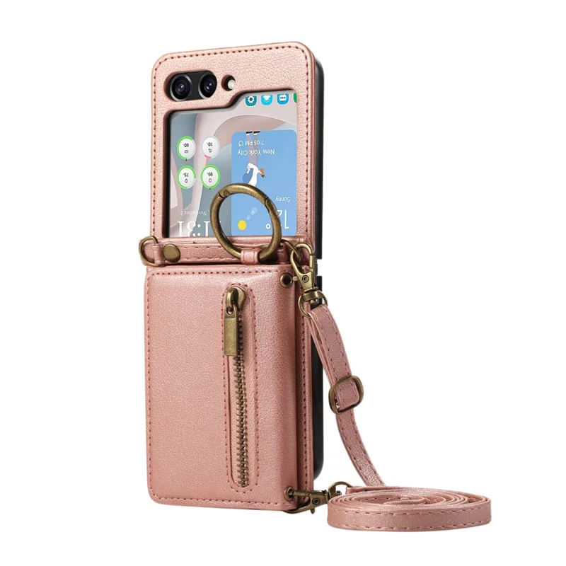 Capa de Couro para Samsung Galaxy Z Flip5 5G com Carteira de Zíper, Suporte de Mesa e Alça de Ombro - Rosa