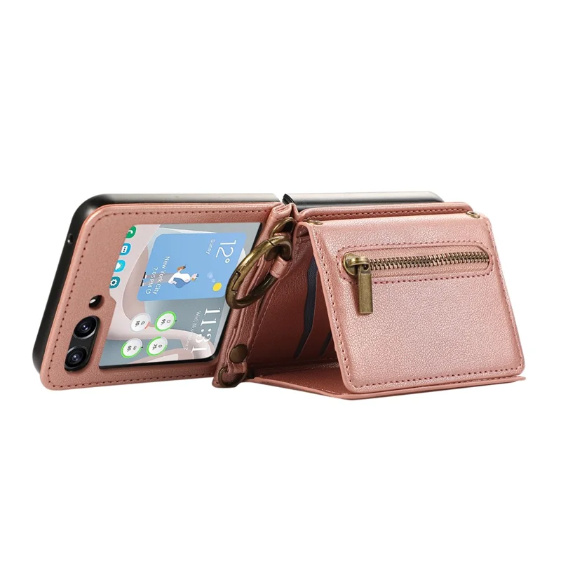 Capa de Couro para Samsung Galaxy Z Flip5 5G com Carteira de Zíper, Suporte de Mesa e Alça de Ombro - Rosa