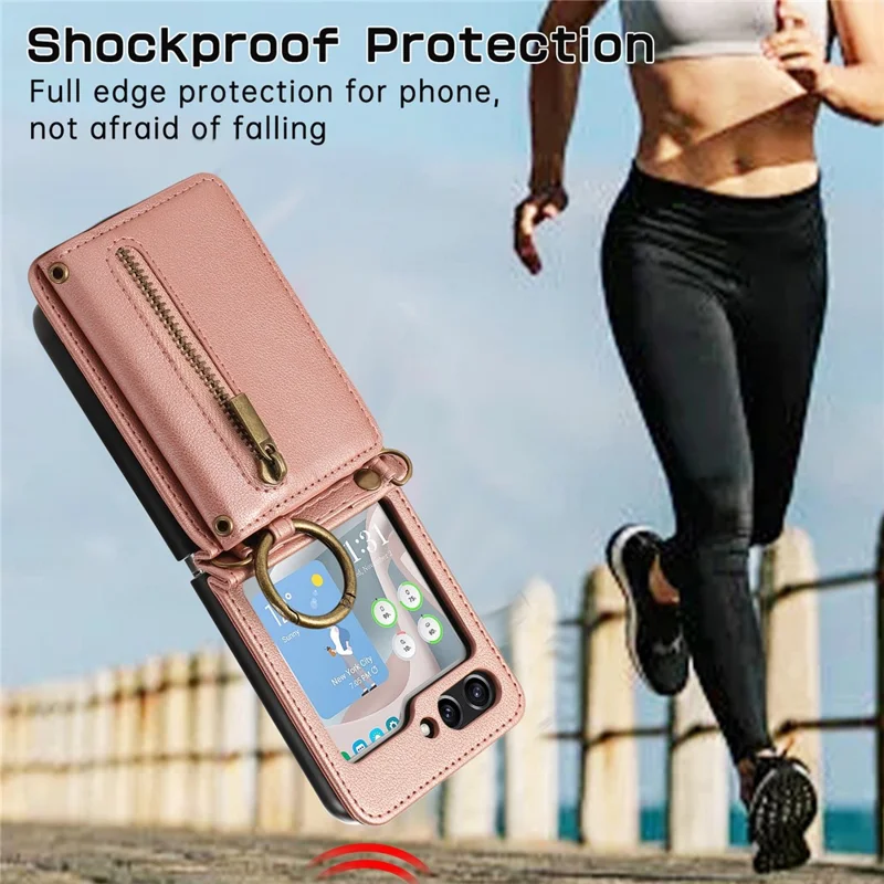 Capa de Couro para Samsung Galaxy Z Flip5 5G com Carteira de Zíper, Suporte de Mesa e Alça de Ombro - Rosa