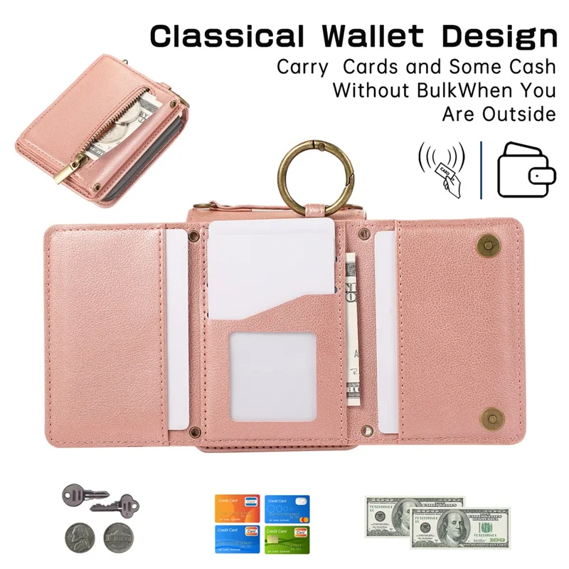Capa de Couro para Samsung Galaxy Z Flip5 5G com Carteira de Zíper, Suporte de Mesa e Alça de Ombro - Rosa