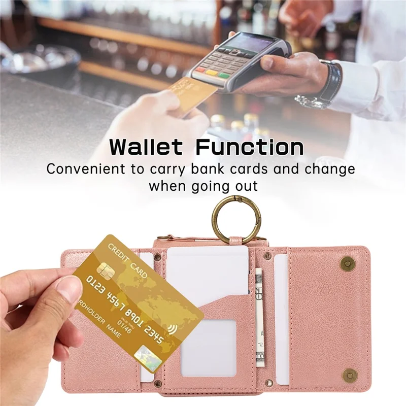 Capa de Couro para Samsung Galaxy Z Flip5 5G com Carteira de Zíper, Suporte de Mesa e Alça de Ombro - Rosa