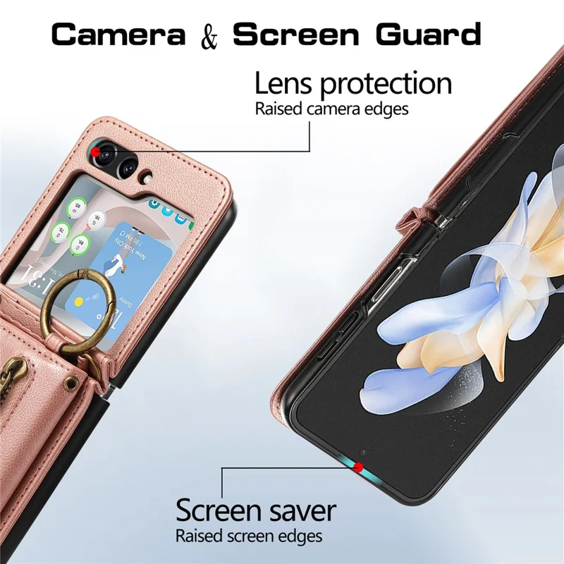 Capa de Couro para Samsung Galaxy Z Flip5 5G com Carteira de Zíper, Suporte de Mesa e Alça de Ombro - Rosa