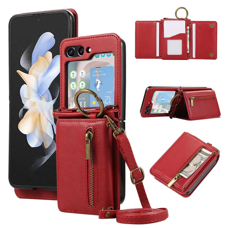 For Samsung Galaxy Z Flip5 5G Leather Back Cover Zipper Wallet Kickstand Phone Case with Shoulder Strap - Red