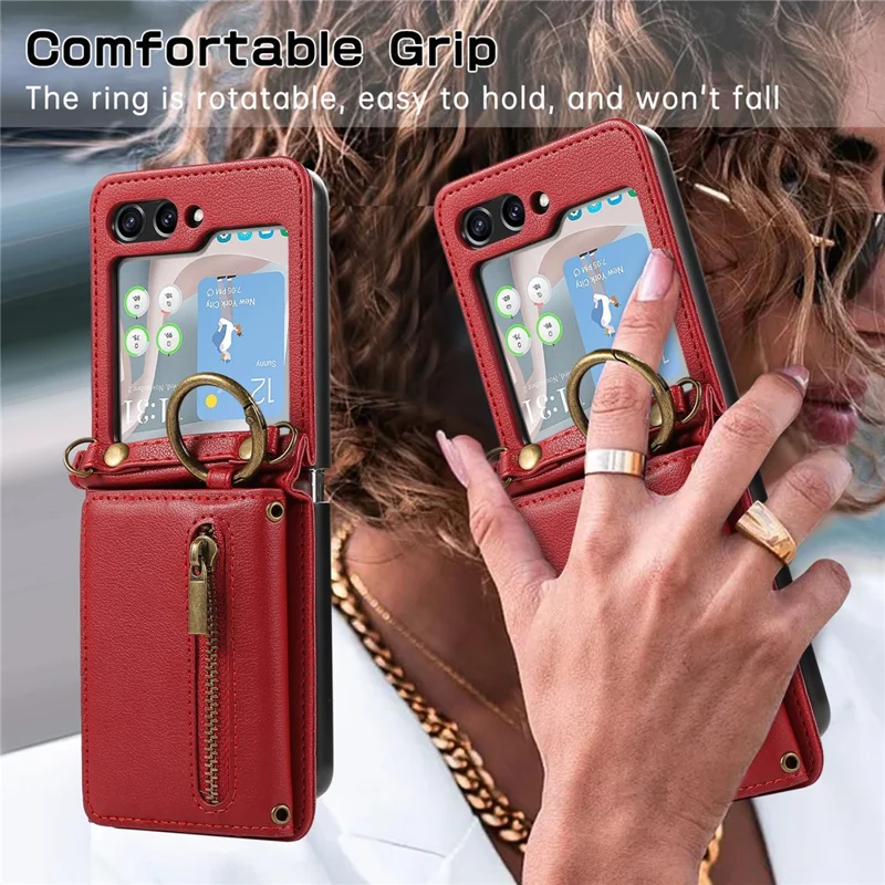 For Samsung Galaxy Z Flip5 5G Leather Back Cover Zipper Wallet Kickstand Phone Case with Shoulder Strap - Red