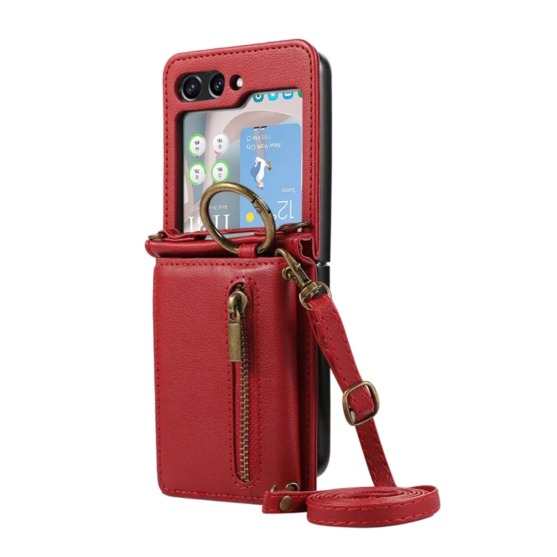 For Samsung Galaxy Z Flip5 5G Leather Back Cover Zipper Wallet Kickstand Phone Case with Shoulder Strap - Red