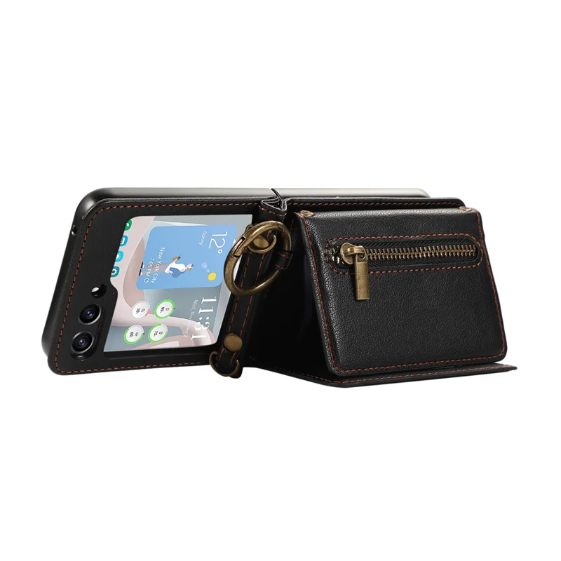 For Samsung Galaxy Z Flip5 5G Leather Back Cover Zipper Wallet Kickstand Phone Case with Shoulder Strap - Red