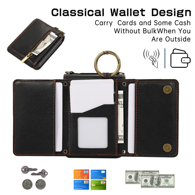 For Samsung Galaxy Z Flip5 5G Leather Back Cover Zipper Wallet Kickstand Phone Case with Shoulder Strap - Red