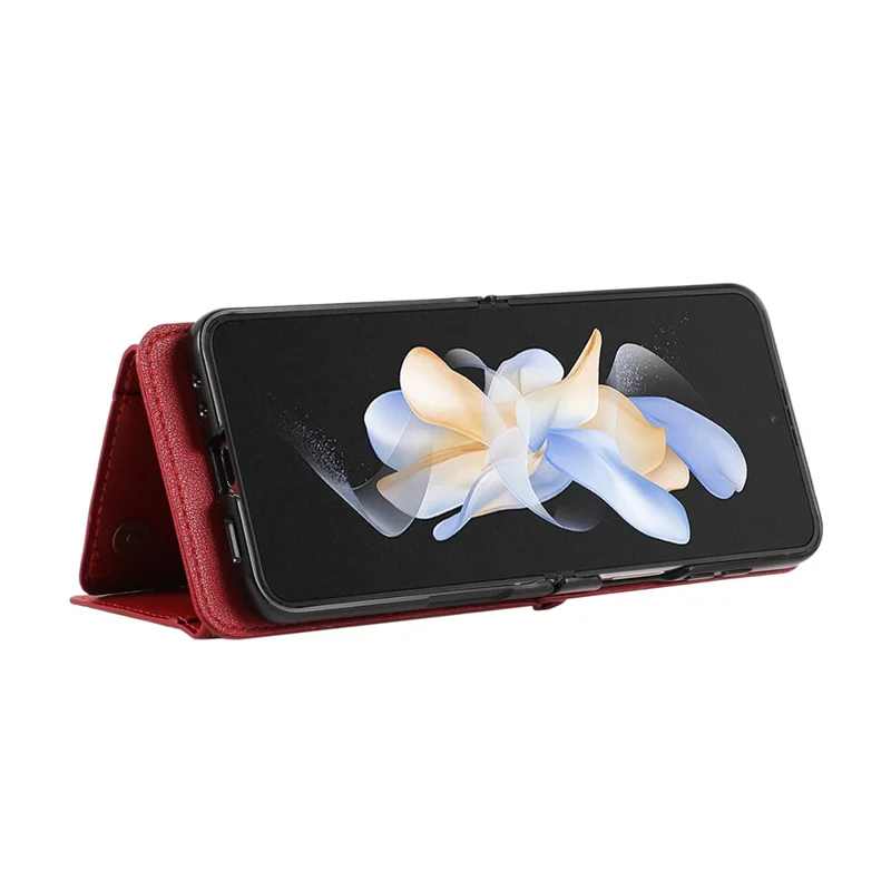 For Samsung Galaxy Z Flip5 5G Leather Back Cover Zipper Wallet Kickstand Phone Case with Shoulder Strap - Red