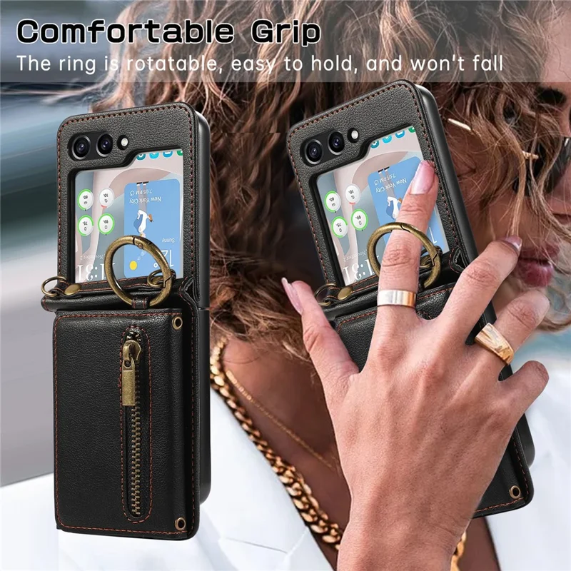 For Samsung Galaxy Z Flip5 5G Leather Back Cover Zipper Wallet Kickstand Phone Case with Shoulder Strap - Red