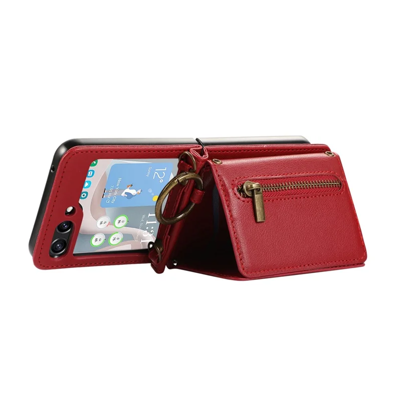 For Samsung Galaxy Z Flip5 5G Leather Back Cover Zipper Wallet Kickstand Phone Case with Shoulder Strap - Red