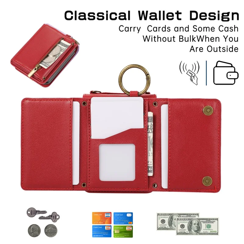 For Samsung Galaxy Z Flip5 5G Leather Back Cover Zipper Wallet Kickstand Phone Case with Shoulder Strap - Red