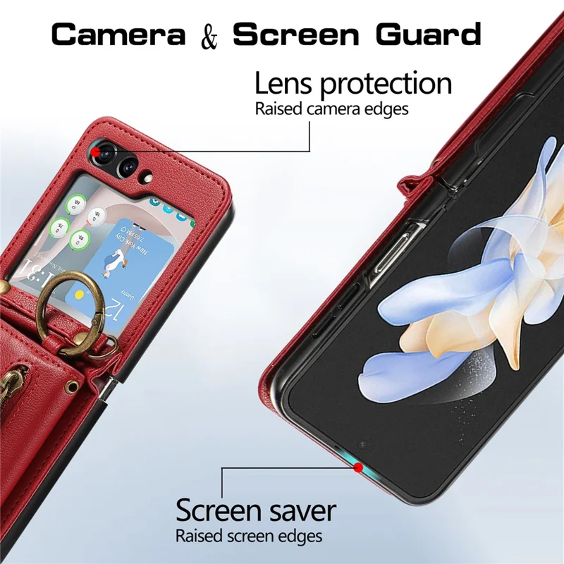 For Samsung Galaxy Z Flip5 5G Leather Back Cover Zipper Wallet Kickstand Phone Case with Shoulder Strap - Red
