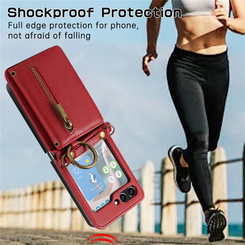 For Samsung Galaxy Z Flip5 5G Leather Back Cover Zipper Wallet Kickstand Phone Case with Shoulder Strap - Red