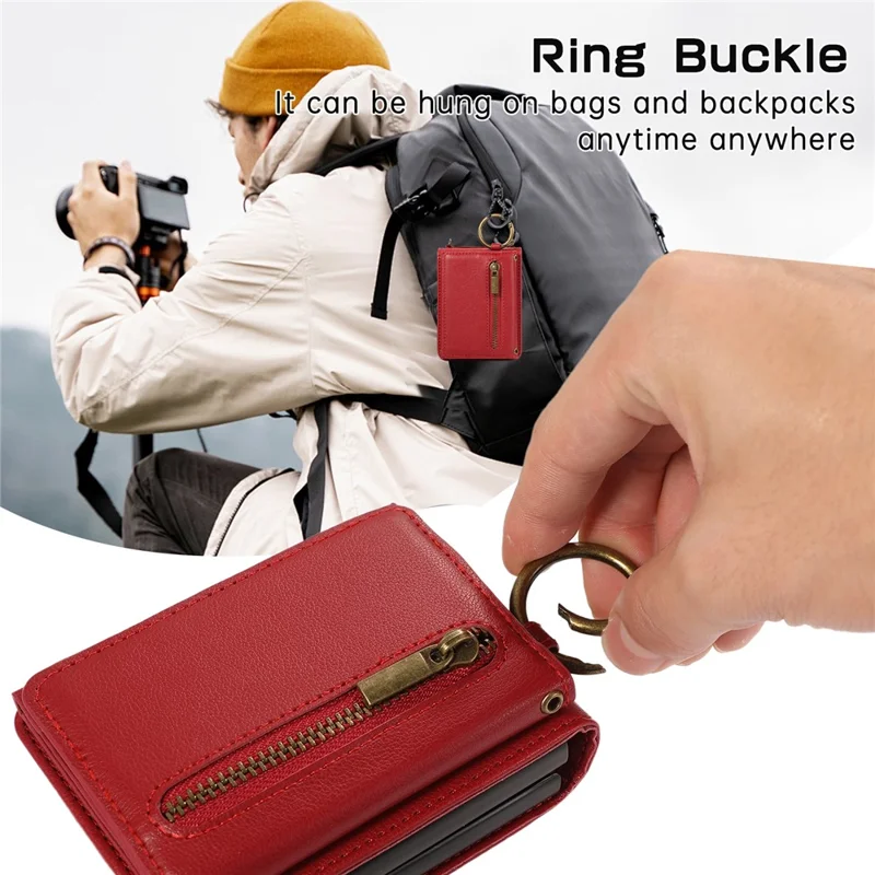 For Samsung Galaxy Z Flip5 5G Leather Back Cover Zipper Wallet Kickstand Phone Case with Shoulder Strap - Red
