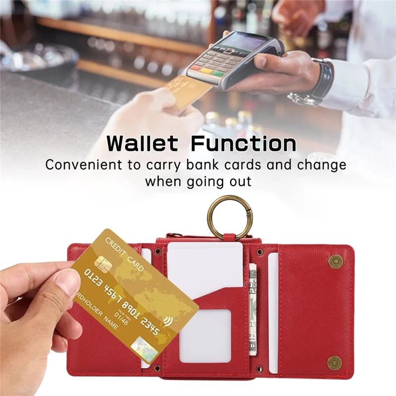 For Samsung Galaxy Z Flip5 5G Leather Back Cover Zipper Wallet Kickstand Phone Case with Shoulder Strap - Red
