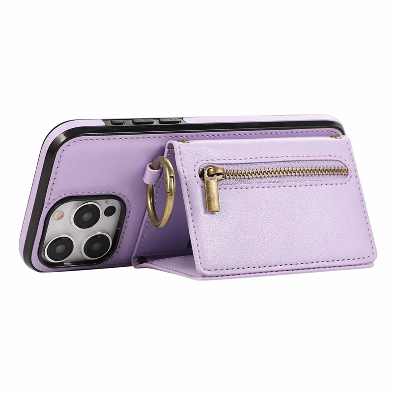 For iPhone 16 Pro Leather Back Cover Zipper Wallet Kickstand Phone Case with Shoulder Strap - Purple