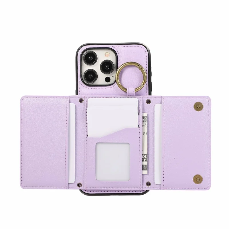For iPhone 16 Pro Leather Back Cover Zipper Wallet Kickstand Phone Case with Shoulder Strap - Purple