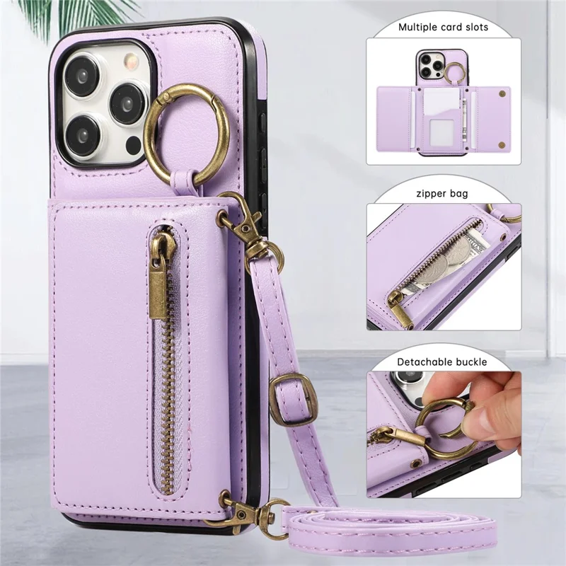 For iPhone 16 Pro Leather Back Cover Zipper Wallet Kickstand Phone Case with Shoulder Strap - Purple