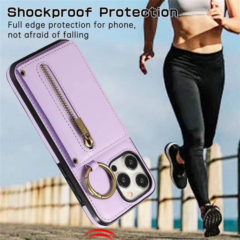 For iPhone 16 Pro Leather Back Cover Zipper Wallet Kickstand Phone Case with Shoulder Strap - Purple