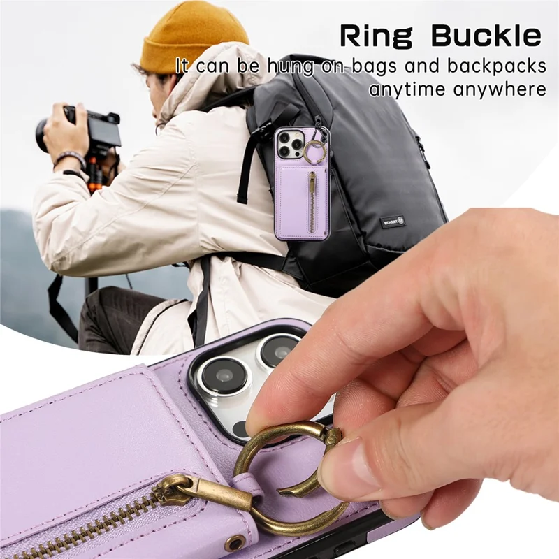 For iPhone 16 Pro Leather Back Cover Zipper Wallet Kickstand Phone Case with Shoulder Strap - Purple