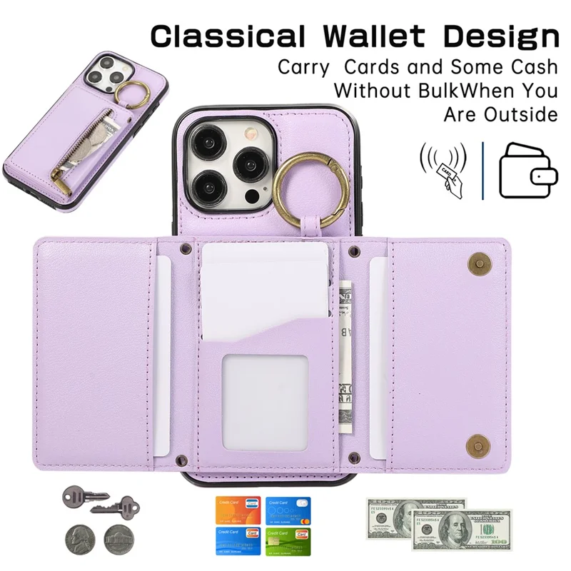 For iPhone 16 Pro Leather Back Cover Zipper Wallet Kickstand Phone Case with Shoulder Strap - Purple
