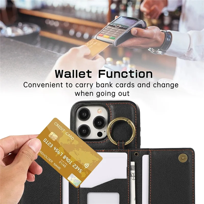 For iPhone 16 Pro Leather Back Cover Zipper Wallet Kickstand Phone Case with Shoulder Strap - Black