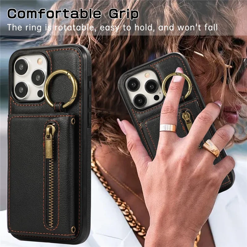 For iPhone 16 Pro Leather Back Cover Zipper Wallet Kickstand Phone Case with Shoulder Strap - Black