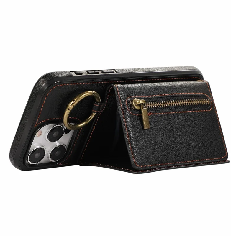 For iPhone 16 Pro Leather Back Cover Zipper Wallet Kickstand Phone Case with Shoulder Strap - Black