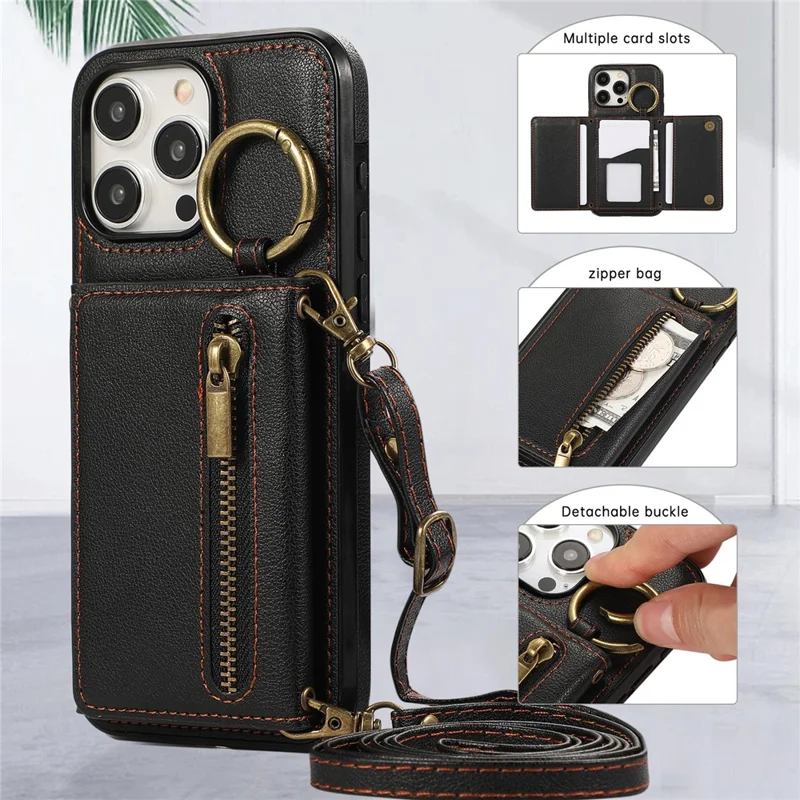 For iPhone 16 Pro Leather Back Cover Zipper Wallet Kickstand Phone Case with Shoulder Strap - Black