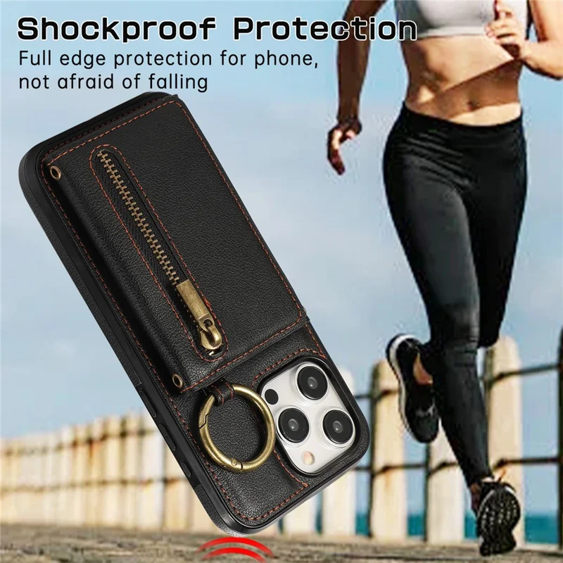 For iPhone 16 Pro Leather Back Cover Zipper Wallet Kickstand Phone Case with Shoulder Strap - Black