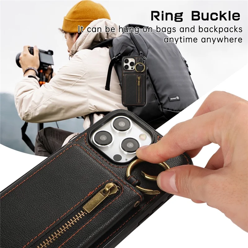 For iPhone 16 Pro Leather Back Cover Zipper Wallet Kickstand Phone Case with Shoulder Strap - Black