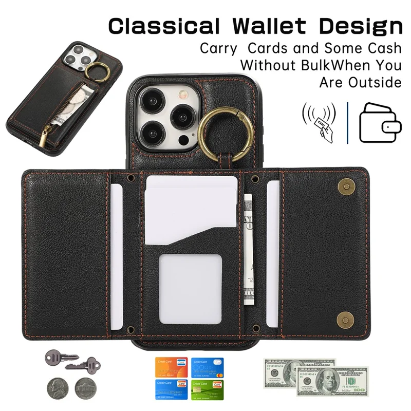 For iPhone 16 Pro Leather Back Cover Zipper Wallet Kickstand Phone Case with Shoulder Strap - Black