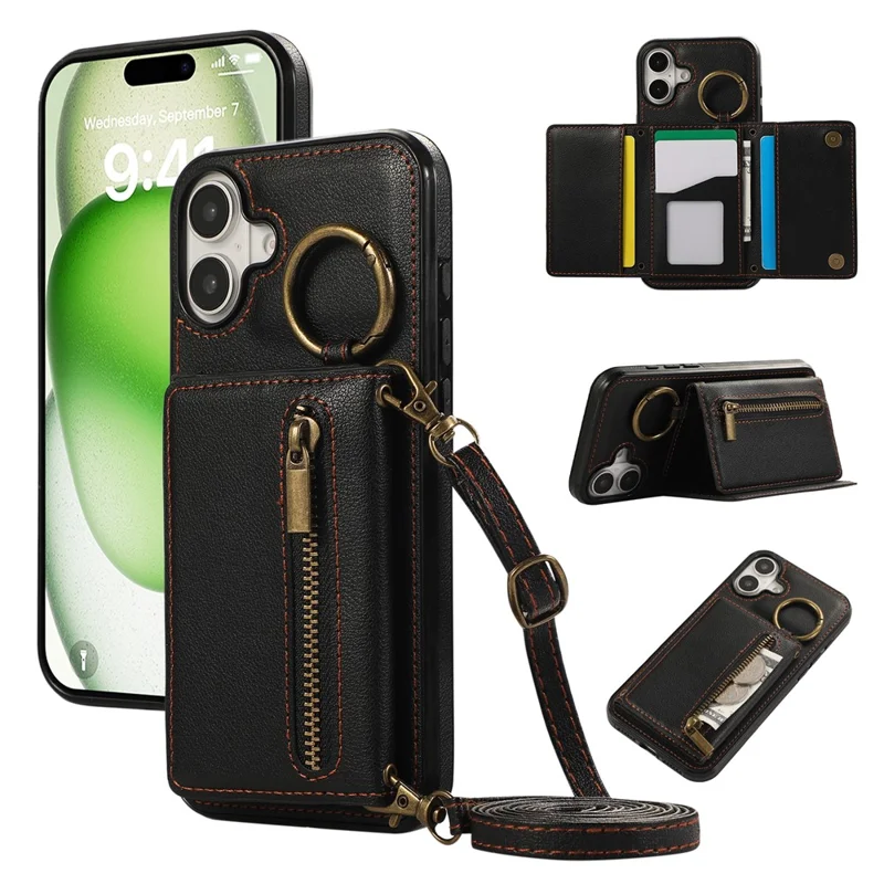 For iPhone 16 Leather Back Cover Zipper Wallet Kickstand Phone Case with Shoulder Strap - Black