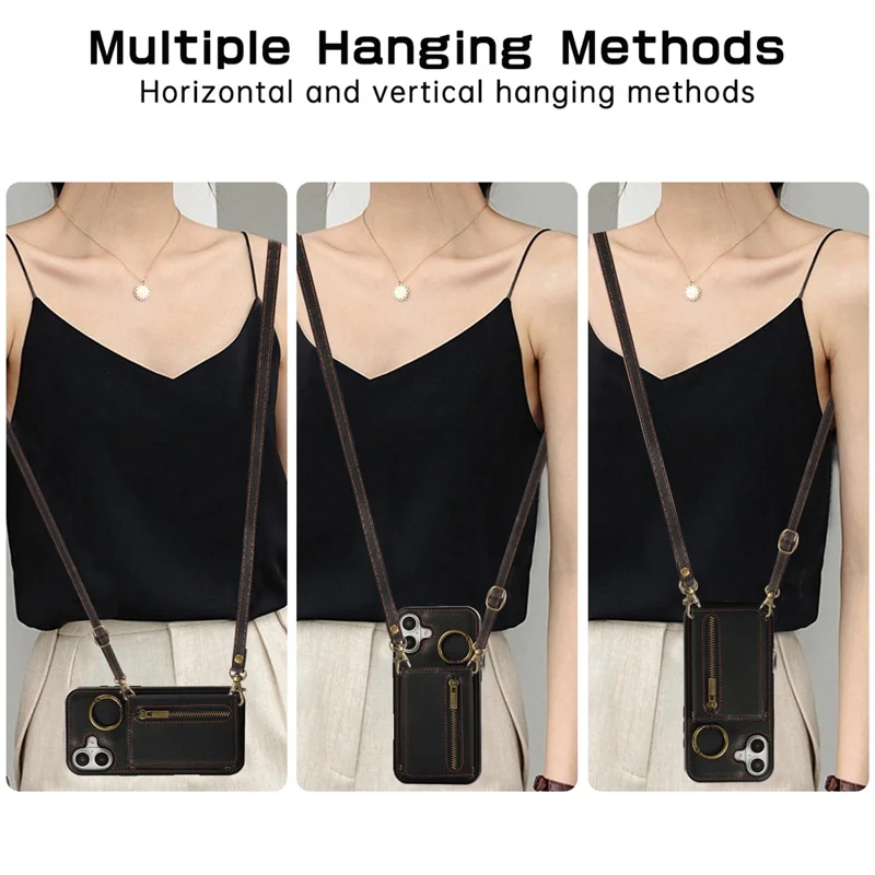 For iPhone 16 Leather Back Cover Zipper Wallet Kickstand Phone Case with Shoulder Strap - Black