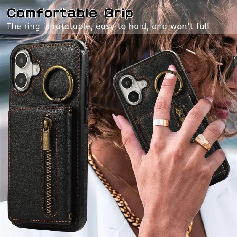 For iPhone 16 Leather Back Cover Zipper Wallet Kickstand Phone Case with Shoulder Strap - Black