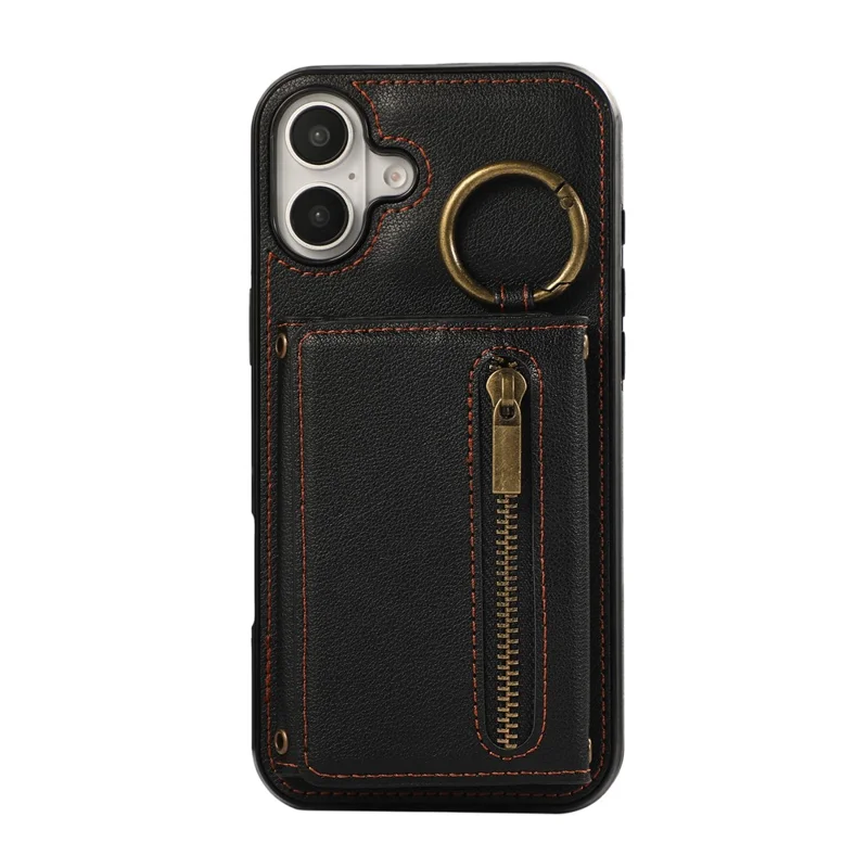 For iPhone 16 Leather Back Cover Zipper Wallet Kickstand Phone Case with Shoulder Strap - Black