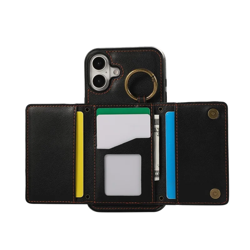 For iPhone 16 Leather Back Cover Zipper Wallet Kickstand Phone Case with Shoulder Strap - Black