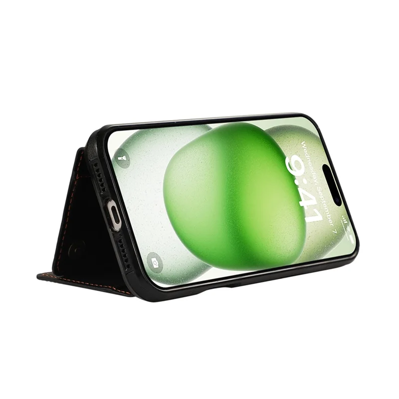 For iPhone 16 Leather Back Cover Zipper Wallet Kickstand Phone Case with Shoulder Strap - Black