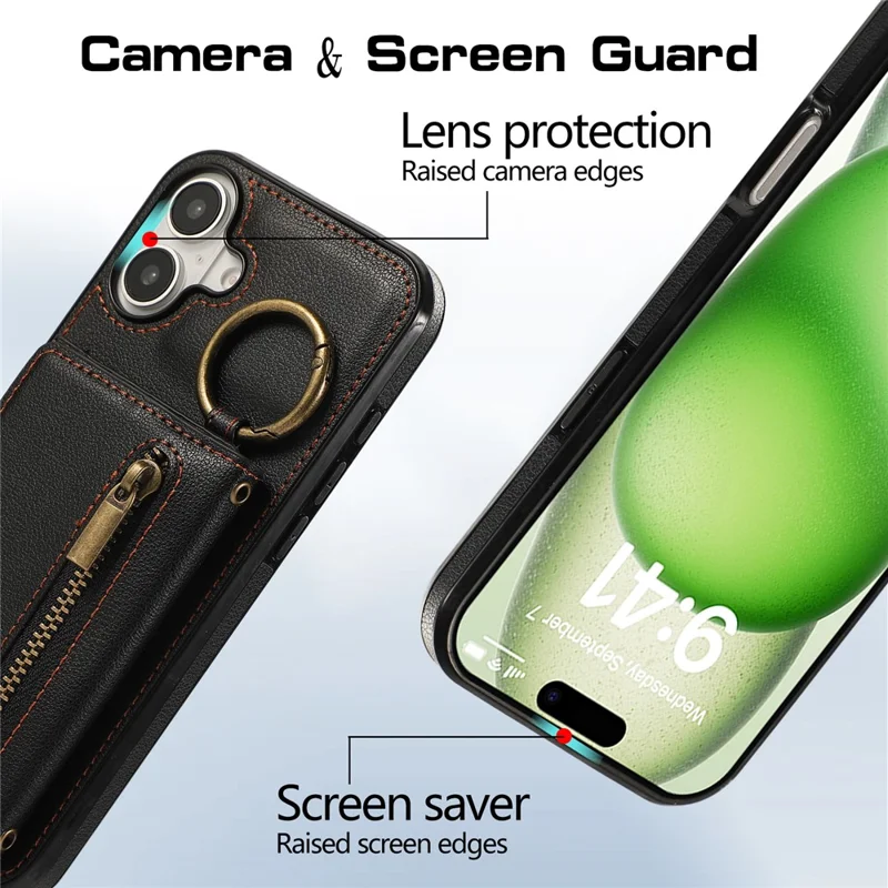 For iPhone 16 Leather Back Cover Zipper Wallet Kickstand Phone Case with Shoulder Strap - Black