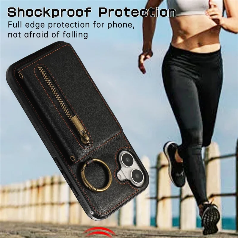 For iPhone 16 Leather Back Cover Zipper Wallet Kickstand Phone Case with Shoulder Strap - Black