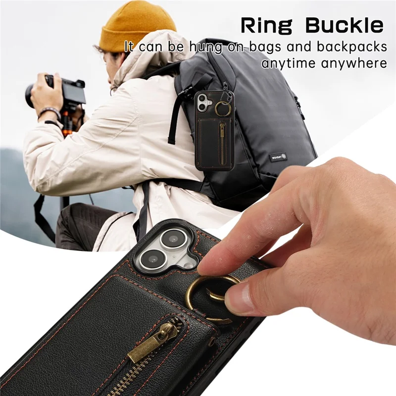 For iPhone 16 Leather Back Cover Zipper Wallet Kickstand Phone Case with Shoulder Strap - Black