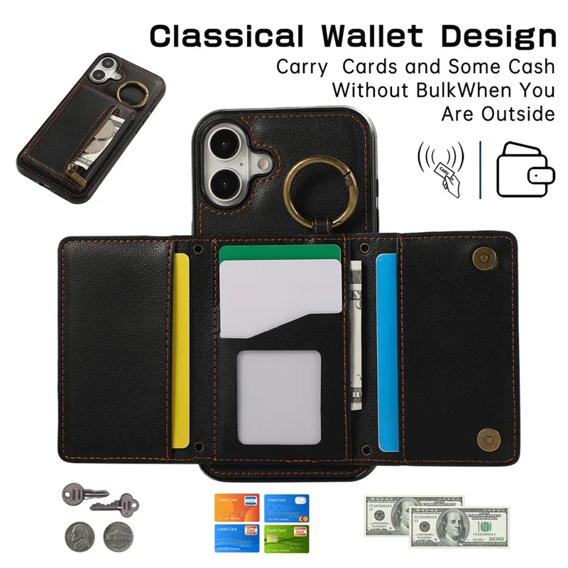 For iPhone 16 Leather Back Cover Zipper Wallet Kickstand Phone Case with Shoulder Strap - Black